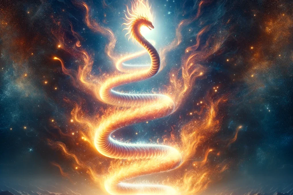 Envision a majestic, etheric, fiery serpent embodying benevolence and spiritual awakening. Its elongated body spirals upwards in a corkscrew pattern,